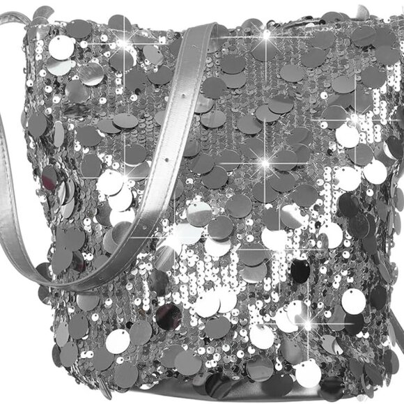 Handbags - Sequin Bag Silver Black Buckle Shoulder Crossbody Party Purse for Women